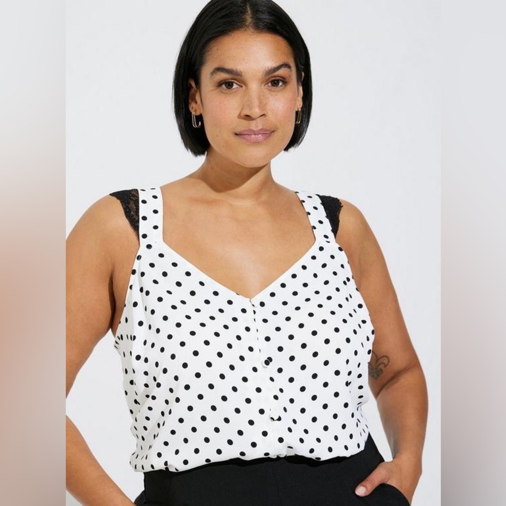 TORRID Studio Crepe de Chine Lace Trim Button Front Tank Polka Dot Size 1